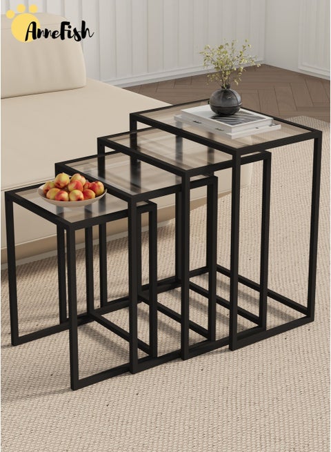 4Pcs C-Shaped Tempered Glass Coffee Table Set Sofa Side Nesting Table End Table For Home Living Room Bedroom Small Coffee Table Couch Table Metal Frame Easy Assembly